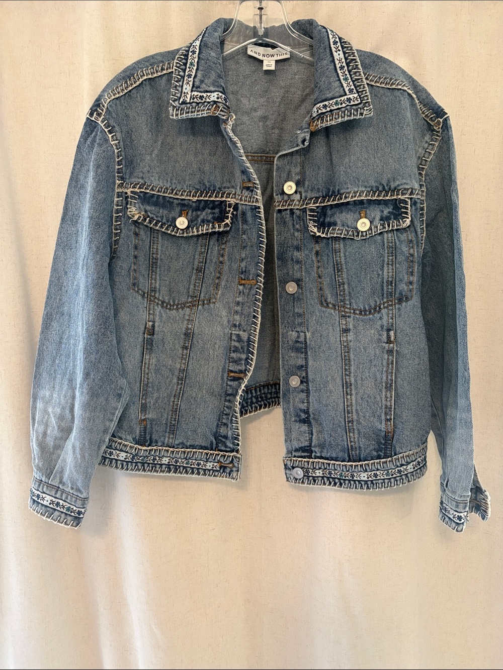 And Now This Embroidered Trim Denim Jacket - Light Blue